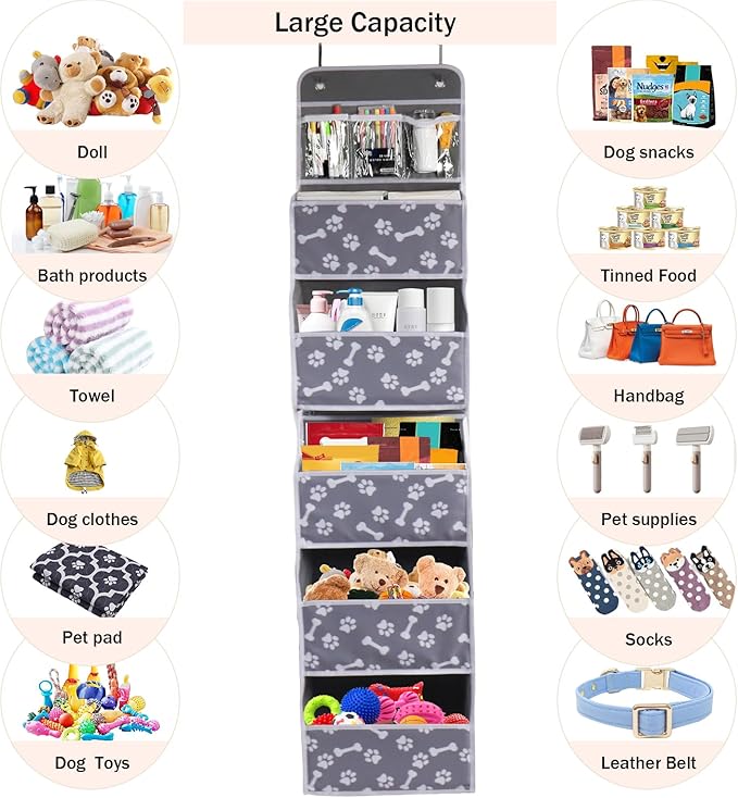 Dog Toy Basket - 5-Shelf Hanging Organizer with 2 Metal Hooks, 5 Pockets for Dog Leash, Harness, Toys & Treats - 62.5''(H) Bone Claw Print