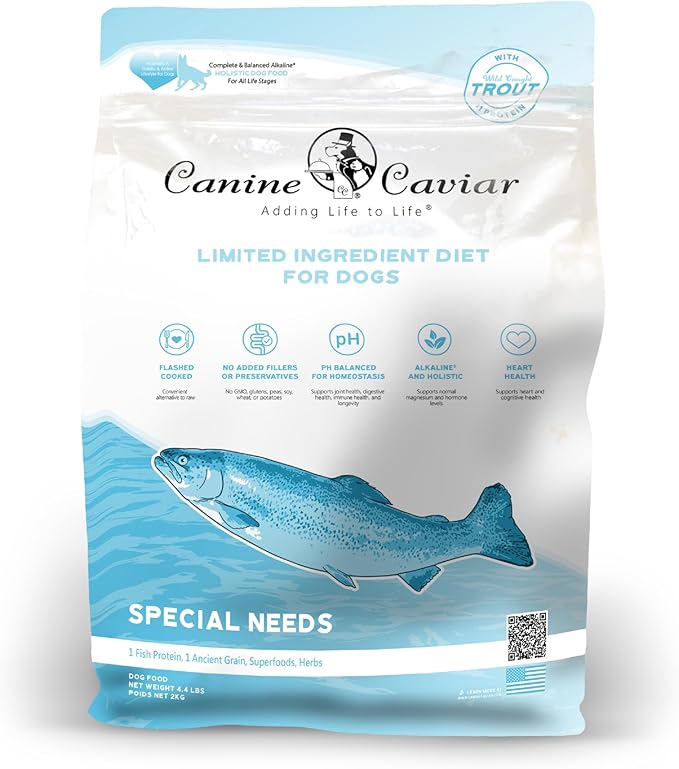 Canine Caviar - Special Needs: Trout & Whole Ground Oats, Alkaline Dry Dog Food, Limited Ingredients, Gluten-Free, Based on Science & Research, Veterinary Alternative Diet (4.4 Pound Bag)