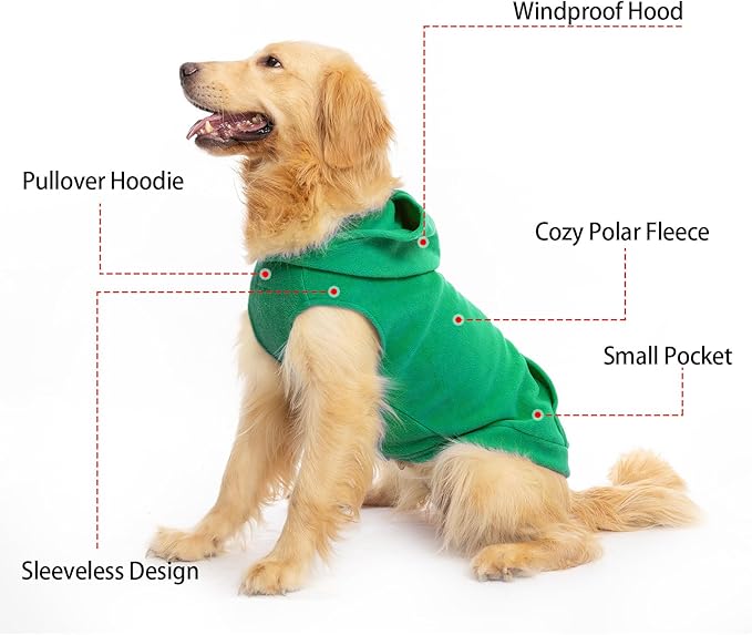 EXPAWLORER Dog Hoodie Fleece Sweater Vest, Hooded Dog Sweatshirt Fall Winter Pet Clothes with Leash Hole, Sleeveless Warm Cozy Puppy Clothing for Cat Small Medium Large Dogs Girl Boy, Green XL