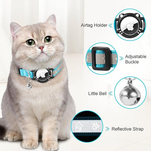 Airtag Cat Collar, Reflective Cat Collar with Apple Air Tag Holder, Breakaway GPS Tracker Pet Collar with Bell for Cat Kitten, Airtag Not Included, Blue, S(9-11 Inch)