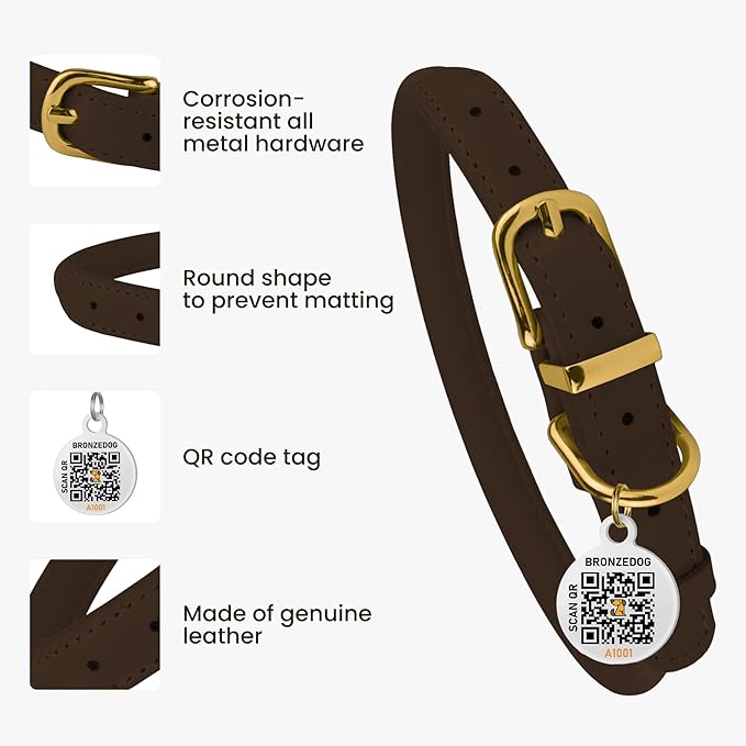 BronzeDog Rolled Leather Dog Collar with QR ID Tag, Adjustable Soft Round Collars for Small Medium Large Dogs Puppy (7" - 10" Neck Size, Brown)