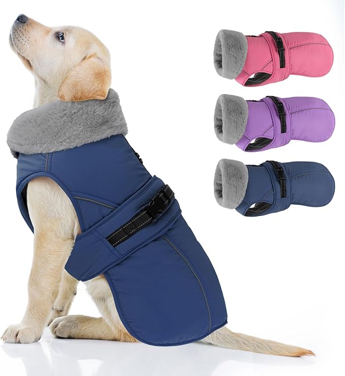 PETDSH Dog Coat Medium, Windproof Dog Jacket with Warm Fleece Lining, Thickened Collar Dogs Winter Coat, Adjustable Reflective Pet Coats for Cold Weather (Navy Blue, Medium)