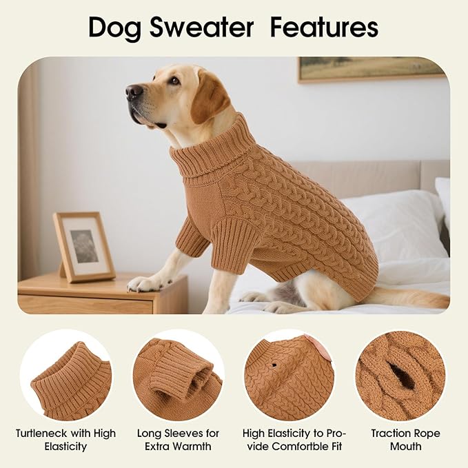 SAWMONG Dog Sweater, Dog Sweaters for Small Dogs Girls Boys, Pullover Turtleneck Knitted Doggy Sweatshirt, Cold Weather Pet Clothes（Khaki, X-Small