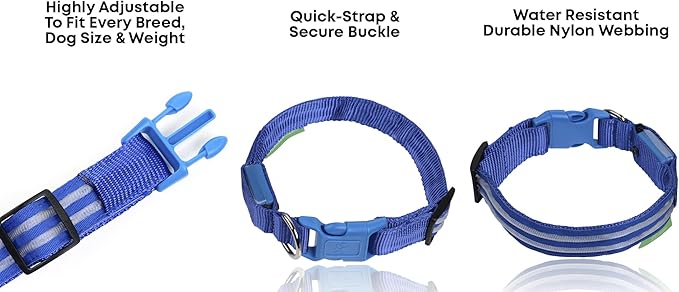 ILLUMISEEN LED Dog Collar USB Rechargeable - Bright & High Visibility Lighted Glow Collar for Pet Night Walking - Weatherproof, in 6 Colors & 6 Sizes (Blue X-Large)