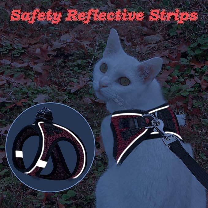 Cat Harness and Leash for Walking Escape Proof, Adjustable Kitten Vest Harness Reflective Soft Mesh Puppy Harness for Outdoor, Comfort Fit, Easy to Control (Red, S)
