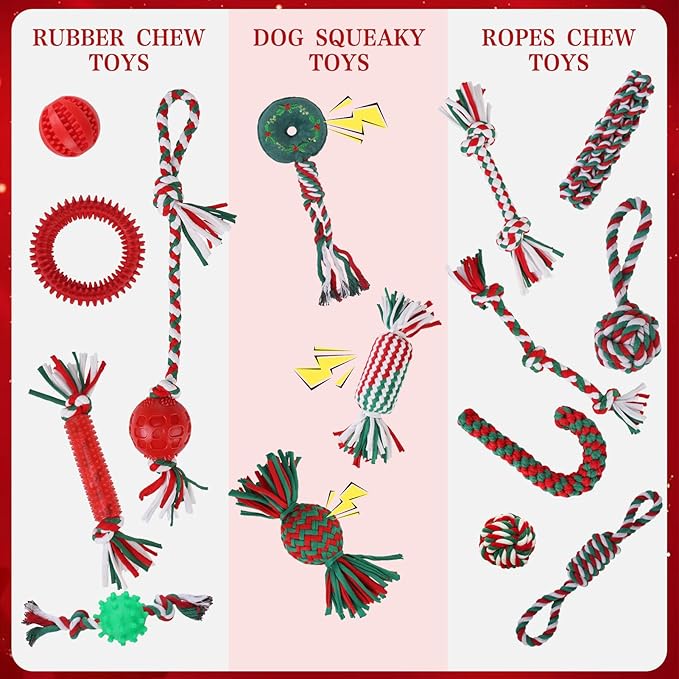EXPAWLORER Christmas Dog Toys Bulk 15 Pack Set - Puppy Xmas Toys Gift Box for Teething, Durable Squeaky Rope Ball Toy, Indestructible Rubber Chew Toy, Interactive for All Dogs Aggressive Chewers
