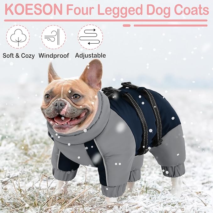 KOESON Four Legged Winter Dog Jacket with Adjustable Buckles, Turtleneck Windproof Fleece Jacket, Reflective Fullbody Puffer Coat Blue Grey L