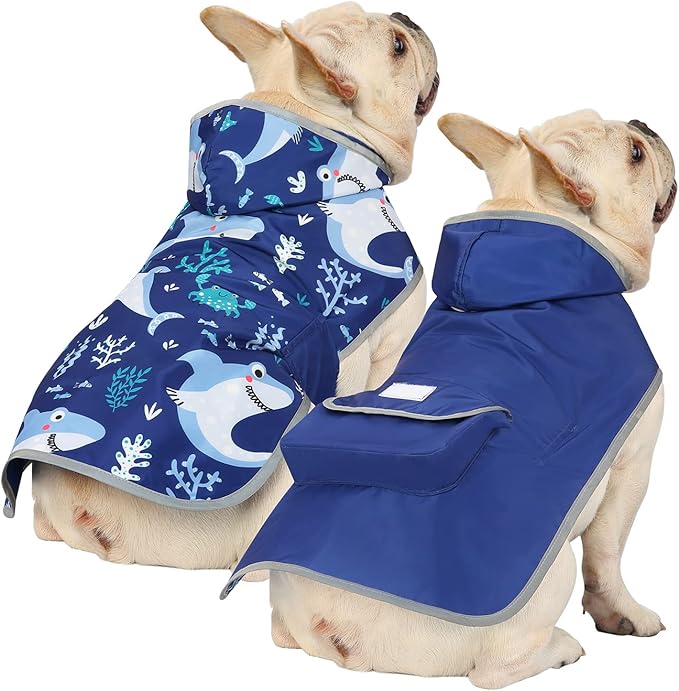 HDE Reversible Dog Raincoat Hooded Slicker Poncho Rain Coat Jacket for Small Medium Large Dogs Sharks - M