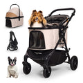 Pet Stroller with 4 Wheels, 4 in 1 Folding Puppy Strollers for Small/Medium Dogs up to 66lbs, Lightweight Pet Travel Carrier with Detachable Carrier/Storage Basket, One Click Folding, Beige