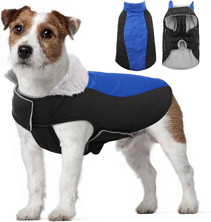 Warm Dog Coat,Waterproof Jacket in Winter Adjustable and Reversible Doggy Fleece Outfit,Thick Clothes with Foldable Collar for Puppy in Cold Days,M RoyalBlue