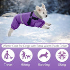 BRKURLEG Purple Dog Coat with Harness, Dog Winter Jacket, Dogs Onesie Body Warm Jackets, Small Dogs Winter Coats Reflective Windproof Warm Cold Weather Coats, Pet Waterproof Jackets, L