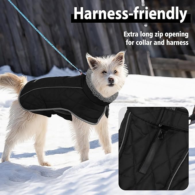 Fragralley Dog Coat Large, Waterproof Dog Jacket with Warm Fleece Lining, Adjustable Reflective Dogs Winter Coat, Turtleneck Pet Coats for Cold Weather (Black XL)