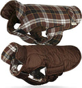 VIVAGLORY Softjoy Dog Coat, Dog Jacket for Winter & Christmas, Coat with Harness Hole & Velcro Closure, Reversible Plaid Checkered Warm Fluffy Heavy Duty for Puppy, M, Coffee