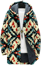 Mens Aztec Print Hoodie Heavyweight Cotton Fleece Jacket Zip Up Warm Long Sleeve Hooded Winter Midi Coat
