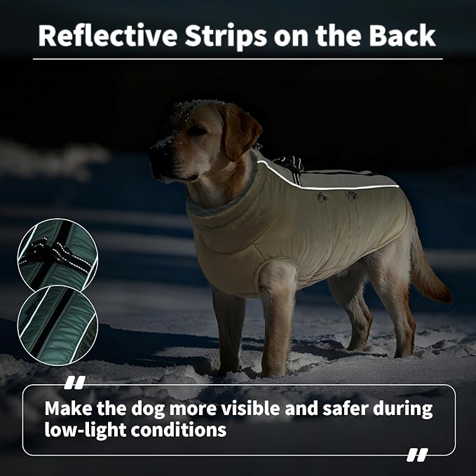 IDOMIK Warm Dog Coat with Harness, Waterproof Reflective Dog Jackets for Small Medium Large Dogs, Fleece High Collar Winter Jacket with Zipper, Pet Winter Snowsuit Clothes for Cold Weather,Khaki 3XL