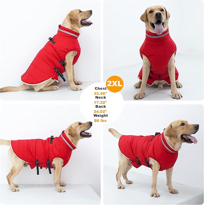 Small Dog Coat with Harness Built-in, Waterproof Reflective Fleece Lined - Warm Windproof Winter Jacket with Back Zipper, Cold Weather Snow Dog Coats - Red - S