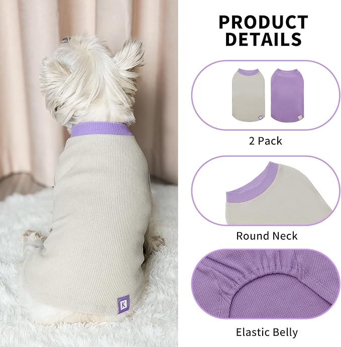 KYEESE 2Pack Dog Shirts Waffle for Small Dogs, Stretchy and Comfortable Dog T-Shirts, Lightweight Sleeveless Tank Top, Breathable Vest, Cat Shirt, Small, Purple + Grey