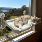 Cat Window Perch Hammock Bed - Foldable Hardwood Frame, No-Drill with Strong Suction Cups, Plush Faux Rabbit Fur for Large Cats up to 50lbs