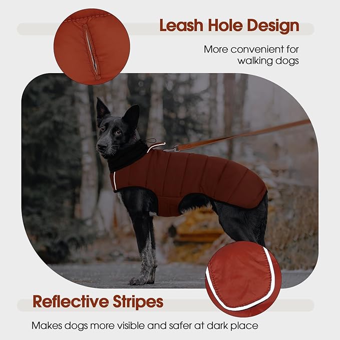 IDOMIK Dog Winter Coat, Warm Waterproof Dog Puffer Jacket with Harness Hole, Adjustable Reflective Snow Jacket Vest with Turtleneck, Pet Cold Weather Coats for Large Dogs,Caramel,XL