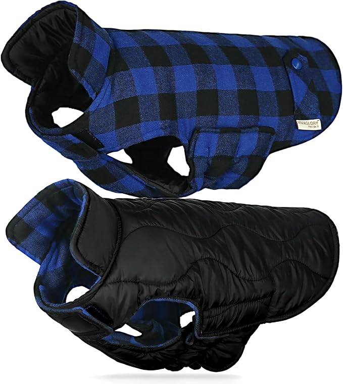 VIVAGLORY Softjoy Dog Coat, Dog Jacket for Winter & Christmas, Coat with Harness Hole & Velcro Closure, Reversible Plaid Checkered Warm Fluffy Heavy Duty for Puppy, XXS, Sapphire Blue Plaid