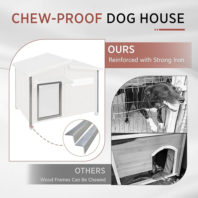 Outdoor Dog House, Weatherproof Wooden Kennel for Medium Dogs, Large Wooden Dog House with Chew-Proof Iron Frame, Removable Floor (Grey, 43.5"D x 29.5"W x 33.5"H) (Grey, 43.5" D x 29.5" W x 33.5" H)