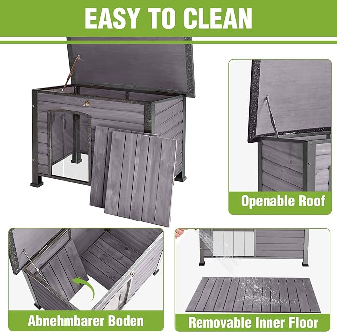 GUTINNEEN Large Outdoor Insulated Dog House Indestructible Dog Shelter Weatherproof Dog Kennel with Chew-Proof Metal Frame, Openable Roof for Small to Large Dog Breeds (Grey, 33.5"L x 22"W x 25.2"H)