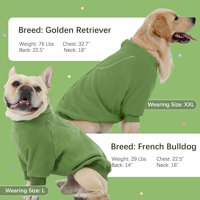 BRKURLEG Dog Sweater Warm Soft Fleece Dogs Sweaters, Turtleneck Sweatshirt for Small Medium Large Dogs, Dog Winter Coat, Christmas Pet Jacket with Zipper Cold Weather Coat (Green, S)