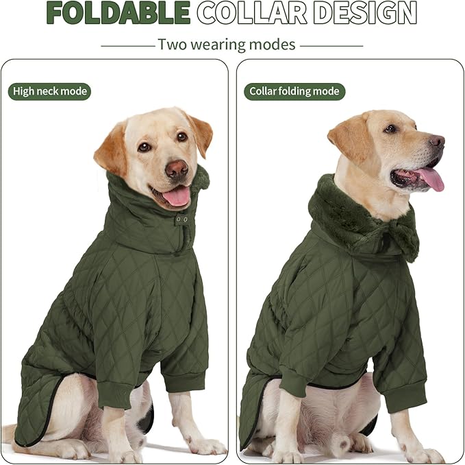 IDOMIK Dog Winter Coat for Large Dogs, Warm Dog Winter Jacket with Fleece High Collar, Zippered Cold Weather Coats for Dogs, Waterproof Doggy Snow Jacket Clothes,Green,2XL