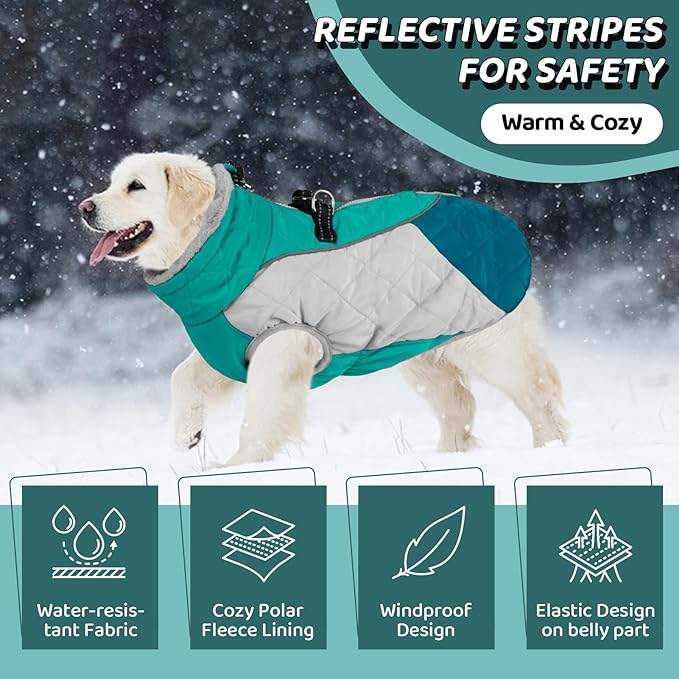 AOFITEE Dog Winter Coat, Dog Coat for Large Dogs, Reflective Large Dogs Jacket with Harness Built in and Fleece Lined, Waterproof Pet Winter Jacket Warm Snowsuit for Cold Weather, Green XXL