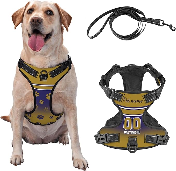 Custom Baltimore Dog Harness with Reflective Stripes Personalized Name and Number Dog Vest Harness with Pet Traction Rope for Small Medium Large Dog