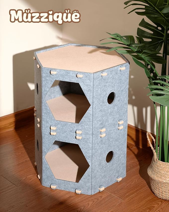 2-Storey Cat Cube, for Indoor Cats&Small Dogs, with Hair Brush, Without Tunnel, DIY Large Expandable Modular Felt Pet House, Stackable Kitten Perch Nest, Peekaboo Kitty Cave, Washable Puppy Condo Bed