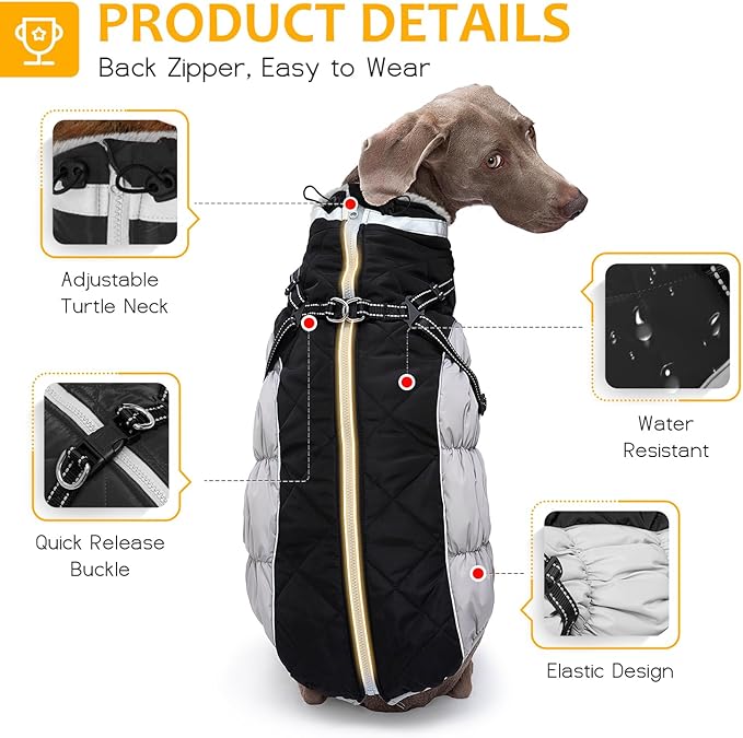 Dog Winter Coat with Harness, Dog Jacket, Pet Clothes with Zipper on Back, Waterproof Windproof Warm Vest, Reflective Cold Weather Coats, for Small Medium Large Dogs, Thick, Black, M