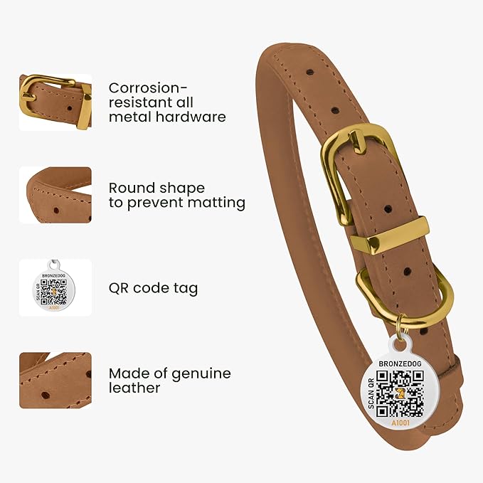 BronzeDog Rolled Leather Dog Collar with QR ID Tag, Adjustable Soft Round Collars for Small Medium Large Dogs Puppy (9" - 11" Neck Size, Light Brown)