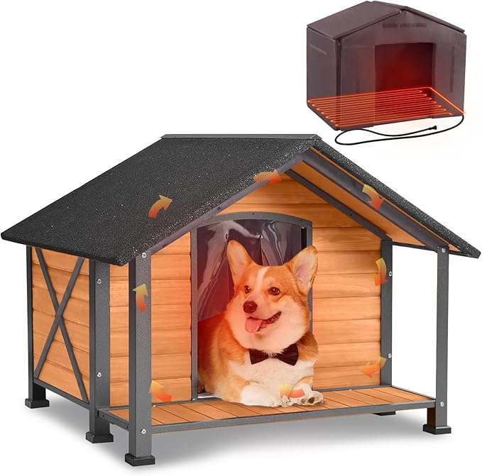 AIVITUVIN Outdoor Heated Dog House with Heating Pad Insulated Dog House with Anti-Chewing Metal Frame Large Dog Kennel Weatherproof for Winter 40.6“L
