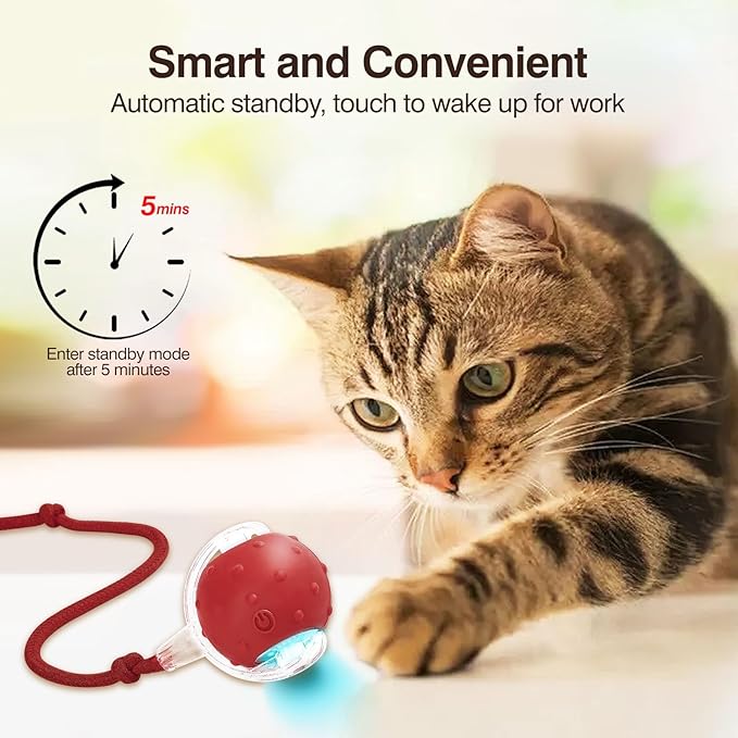 Electric Interactive Cat Toy Ball - Automatic Rolling Silicone Cat Toys for Indoor Cats, Durable Chew-Proof Motorized Kitty Ball with LED Light, Fun Exercise Toys for Bored Kittens（red）
