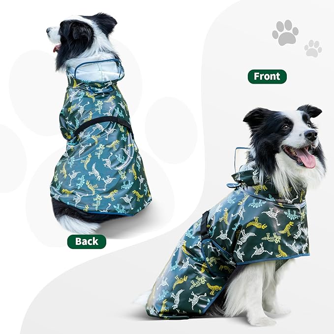 Dog Raincoat, Waterproof Windproof Dog Rain Jacket with Hood, Rain Coat with Leash Hole, Adjustable Raincoat Poncho for Small Medium Large Dogs Outdoor (Green, Medium)
