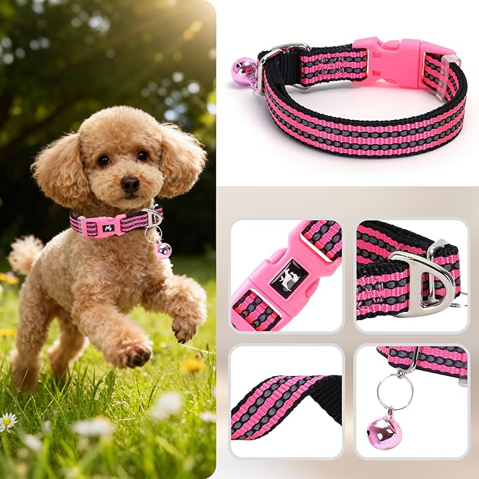 Puppy Collar with Bell Reflective - Adjustable Tiny XS XXS Breed Collar for Girl Female,Night Walk Safety Accessory（Pink XS）