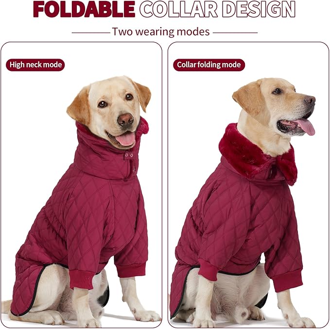 IDOMIK Dog Winter Coat for Large Dogs, Warm Dog Winter Jacket with Fleece High Collar, Zippered Cold Weather Coats for Dogs, Waterproof Doggy Snow Jacket Clothes,WineRed,L