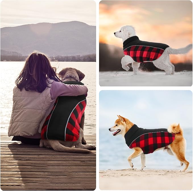 Kuoser Dog Winter Coat, Reversible Waterproof Dog Jacket with Reflective Strip, Warm Dogs Fleece Vest Adjustable Doggy Cold Weather Clothes Plaid Christmas Outfit Pet Apparel for Large Dogs, Red XL