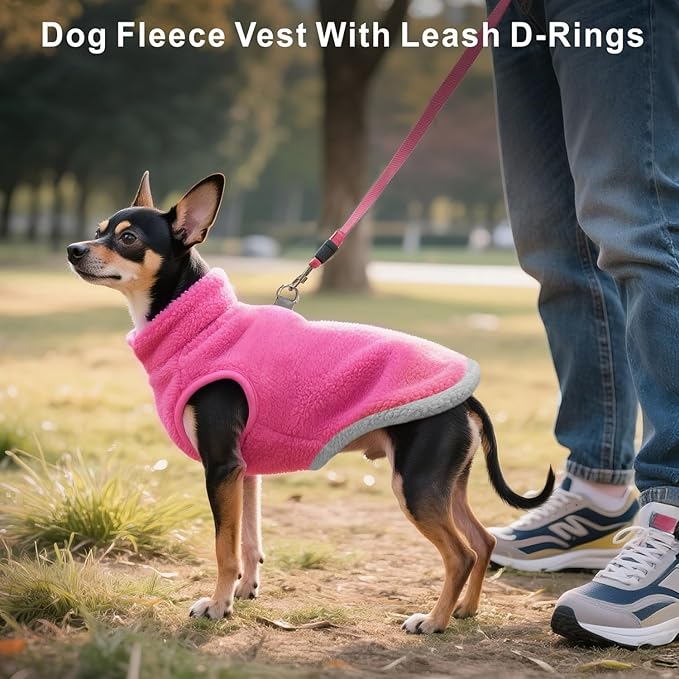 Idepet 2 Pack Dog Fleece Vest Sweater Warm Pullover Jacket with D-Ring Leash Reflective Winter Coat Hoodie for Puppy Cat French Bulldog Pug Chihuahuas Yorkies Dachshunds (Red&Rose Red,Large)