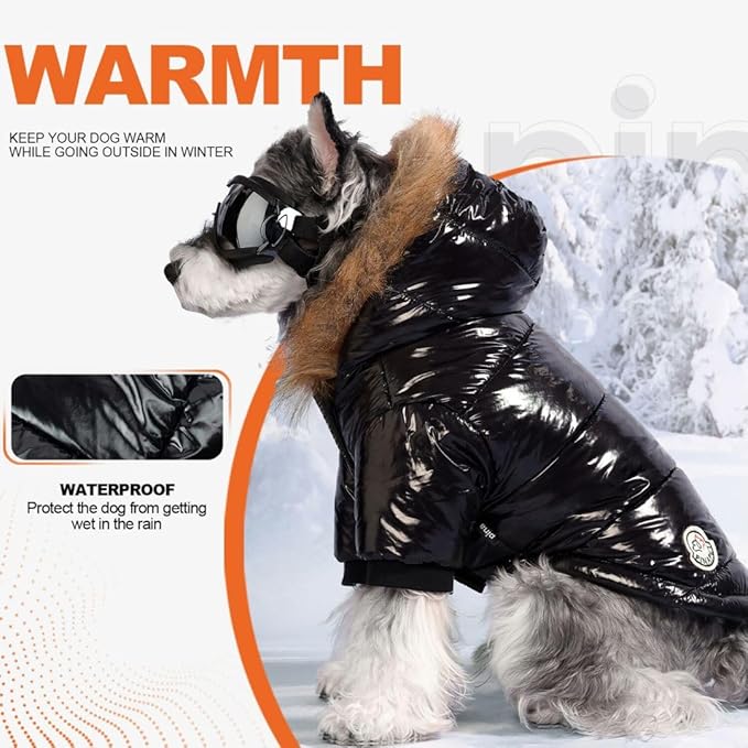 PINA Dog Winter Coat with Faux Fur Hood, Windproof and Warm, Suitable for Small to Large Dogs, Black, XXL