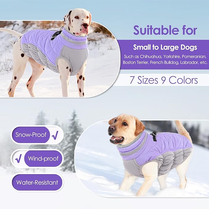 AOFITEE Dog Coat, Warm Dog Winter Coat for Large Dogs, Reflective Turtleneck Dogs Jacket with Harness Built in, Waterproof Windproof Pet Puffer Jacket Fleece Vest for Cold Weather, Lilac XXXL