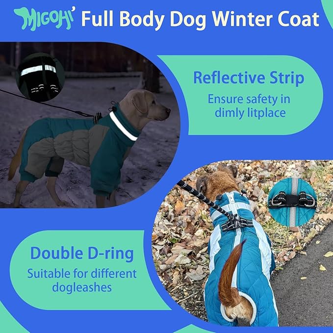 MIGOHI Full Body Dog Coat - Warm Reflective Large Dog Winter Coat with Harness,Turtleneck Fleece Jacket for Dogs,Four-Leg Windproof Puffer Jackets Snowsuit with Zipper for Small Medium Large Dogs,3XL