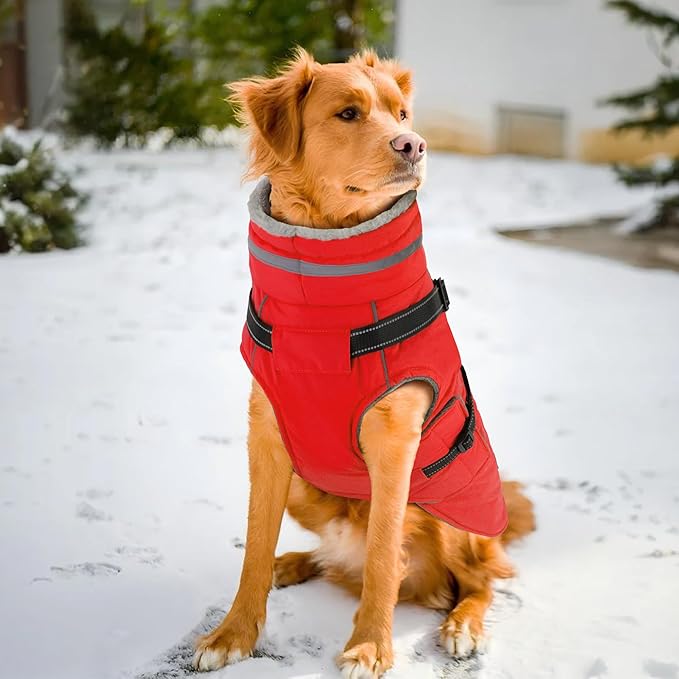 PETDSH Dog Coat Medium, Built-in Harness Dog Jacket with Warm Fleece Lining, Waterproof Reflective Dogs Winter Coat, Pet Coats with Pocket and Trash Bags (Red, Medium)