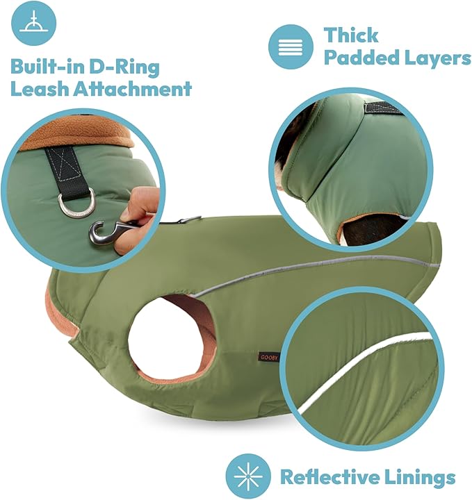 Gooby Sports Vest Dog Jacket - Green, Medium - Reflective Dog Vest with D Ring Leash Warm Fleece Lined Hook and Loop Closure for Small to Medium Dogs