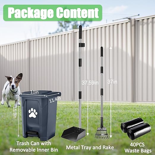 Pooper Scooper for Large Dogs, Dog Poop Trash Can Outside with Long Handle Poop Scooper Set and 40 Waste Bags, Dog Waste Trash Can Odor Control with Removable Inner Bin for Yard Garden, Grey 20 L