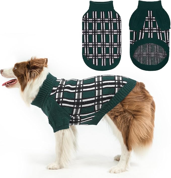 SCENEREAL Turtleneck Dog Sweater for Small Medium Large Dogs Girls Boys, Christmas Plaid Pullover Puppy Sweatershirt, Dogs Cold Weather Outfit Clothes, Ideal Gift for Pet in New Year, Green Plaid ML