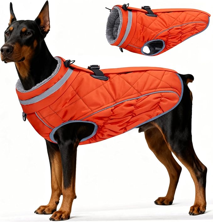 Dog Coat, Warm Dog Winter Coat for Large Dogs, Waterproof Jacket with Harness Built in, Reflective Turtleneck Cold Weather Coats with Zipper,Pet Fleece Vest Snow Jacket, Orange XXXL