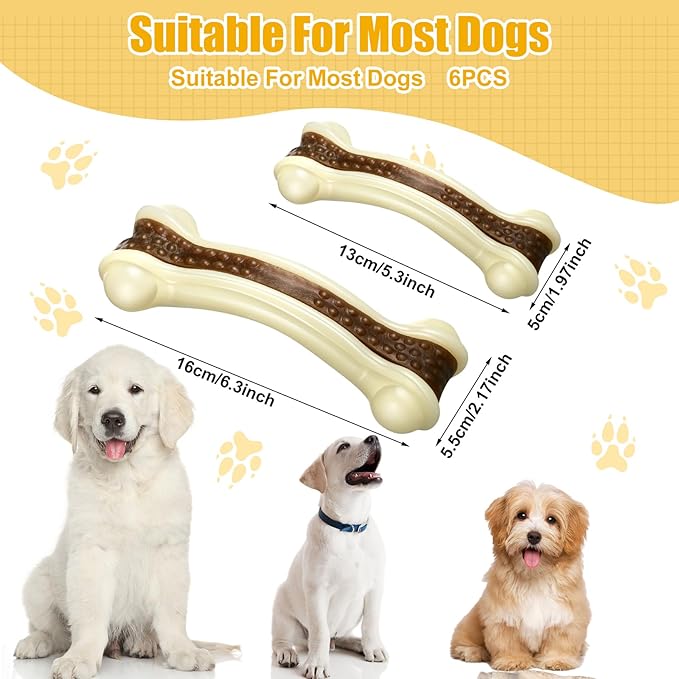 Sosation 6 Pcs Dog Toys for Aggressive Chewers Nylon Beef Flavor Bones Tough Puppy Teething Toys Puppy Chew Bones for Large Medium Small Breed Dogs Puppies Pets Chew Toys(Large Medium)