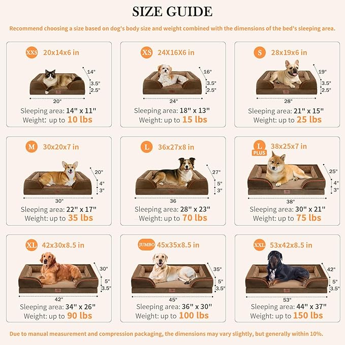 Comfort Expression Orthopedic Dog Bed for Small Dogs 20x14 Inch, Waterproof Supportive Egg Crate Foam Small Pet Bed with Removable Bolsters, Dog Couch with Washable Cover & Non-Slip Bottom, Brown